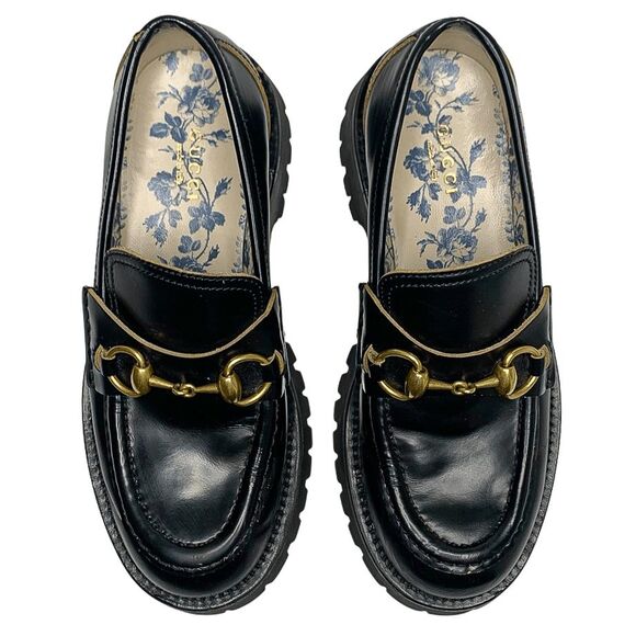 Gucci Black Leather Lug Sole Horsebit Loafers EU 36 Gold Horsebit Bee Embroidery - Picture 5 of 13